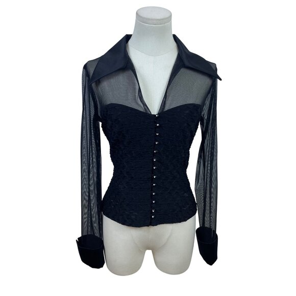 Connected Apparel Womens Black Mesh Long Sleeve Button Down Blouse Size 8 - Picture 1 of 6